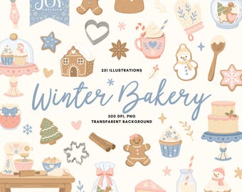 Winter Bakery Clip Art, Cozy Christmas Baking Illustrations, Gingerbread PNG, Holiday Treats Digital Download, Holiday Baking PNGs
