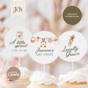 Locally Grown Cupcake Topper | Farm Fresh Baby Shower Decor | Editable Template | Instant Download for Parties | Farmer's Market Baby Shower