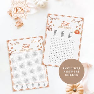 "Two printable Fall Word Search puzzles with autumn-themed words like pumpkin, harvest, and cinnamon. Illustrated with fall leaves, pumpkins, and a squirrel. Brown badge says 'Includes Answers Sheets.'"