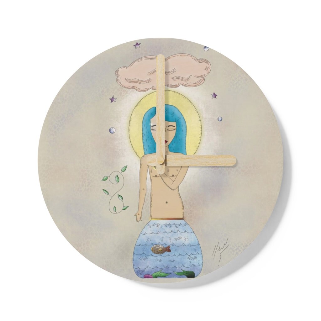 Horloge Murale en Bois avec Illustration Artistique - Thème Sérénité et Paix