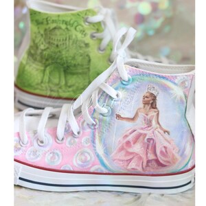 Zapatos musicales Glinda Wicked pintados a mano, burbujas, mapa de la ciudad esmeralda, Galinda, Converse, Vans, Toms, regalo de Navidad