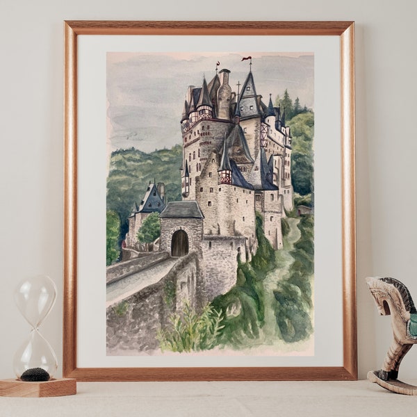 Burg Eltz Germany Bridge Pittura ad acquerello Stampa Fidanzamento Matrimonio Regalo di inaugurazione della casa