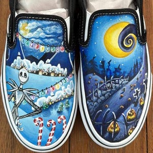 Handgeschilderde op Halloween geïnspireerde Toms Vans Converse-schoenen Nightmare Before Christmas Jack Skellington Sally Zero fanart