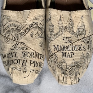 Hand Drawn Marauder’s Map inspired Toms Vans Converse Shoes Harry Potter Fan Art Drawing Service