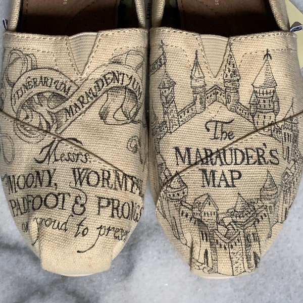 Hand Drawn Marauder’s Map inspired Toms Vans Converse Shoes Harry Potter Fan Art