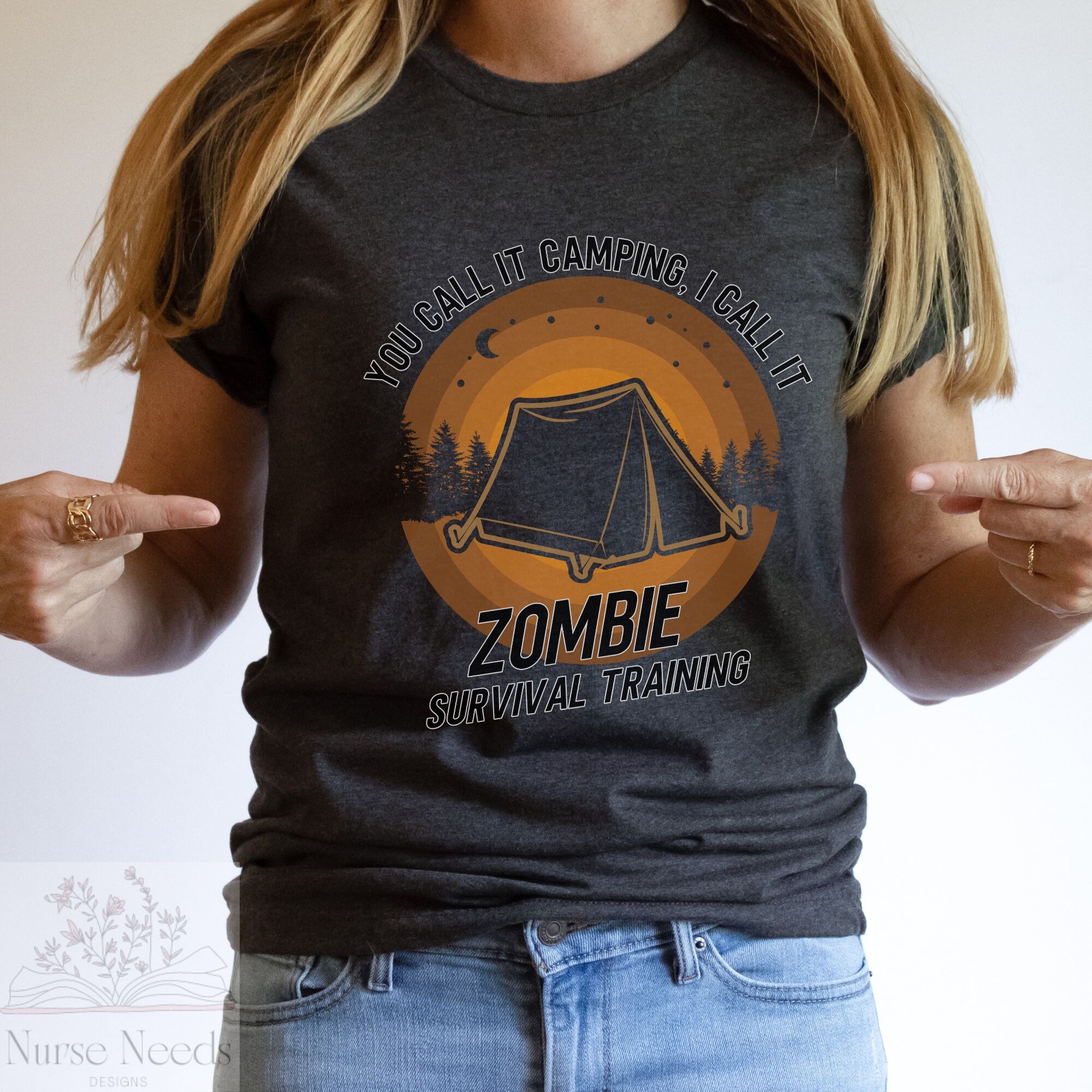 Camping Zombie Survival Training Unisex T-shirt, Funny Camping Gift for Men, Humorous Camping Shirt, Zombie Fan Shirt