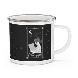 Reader Tarot Card Enamel Camping Mug, Witchy Bookworm Cup, Mystical Book Nerd Mug, Tarot Card Bibliophile Cup, Reading Bookish Arcana Cup