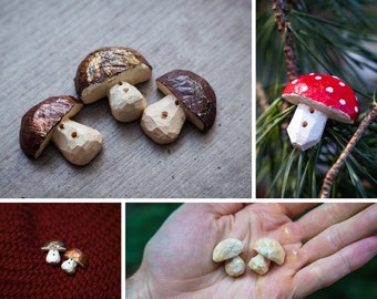 Sew-on tag handcrafted wooden mushrooms, handmade badge for crafts & sewing,an emblem or a decoration.