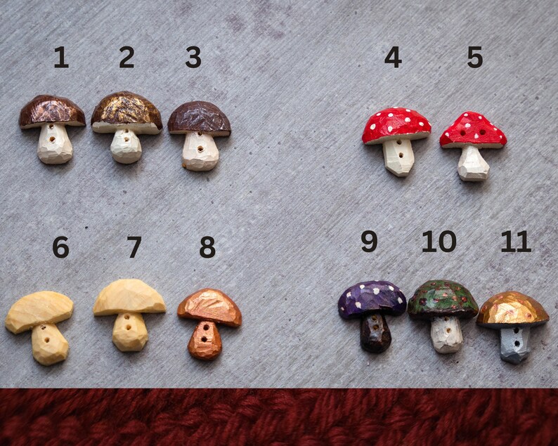 Sew-on tag handcrafted wooden mushrooms, handmade badge for crafts & sewing, wood carved emblem or a decoration for knitting or crocheting. image 2