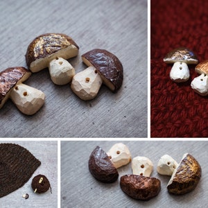 Sew-on tag handcrafted wooden mushrooms, handmade badge for crafts & sewing, wood carved emblem or a decoration for knitting or crocheting. image 3