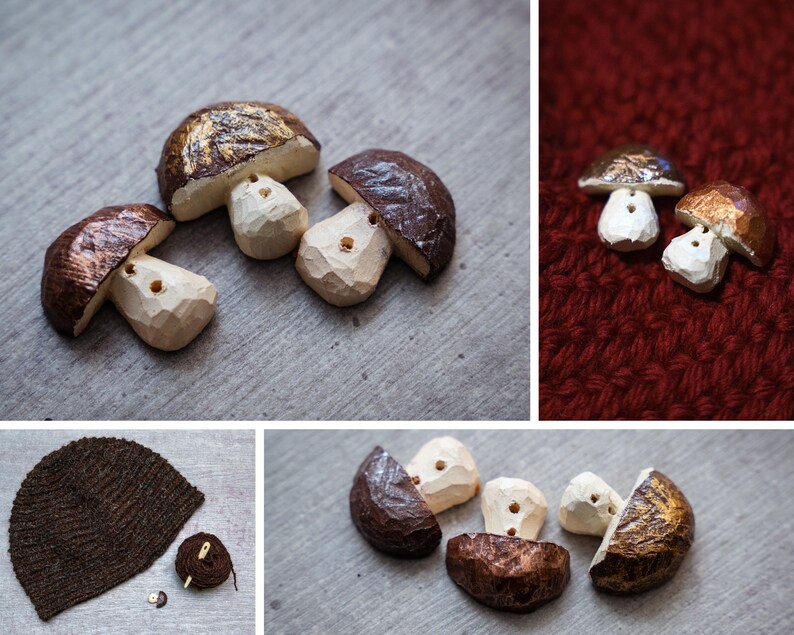 Sew-on tag handcrafted wooden mushrooms, handmade badge for crafts & sewing, wood carved emblem or a decoration for knitting or crocheting. image 3