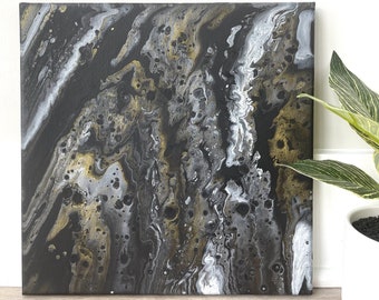 Pintura acrílica original con efecto mármol negro / Arte abstracto de 12 x 12 pulgadas