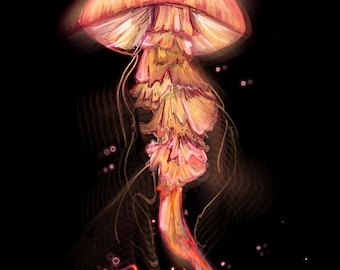 May include: A digital painting of a glowing orange jellyfish with a pink and orange bell and long, flowing tentacles. The jellyfish is set against a black background with a faint, swirling pattern.