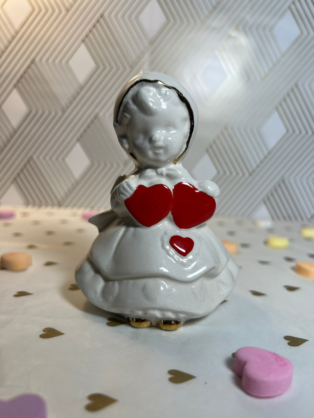 Vintage Valentines Day Lefton Girl With Hearts Figurine, 1950s, 50s