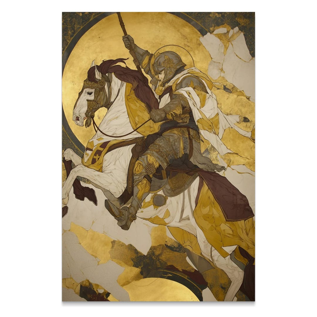 Knight on Horse Posters, Medieval Warrior Art Print, Golden Halo Knight ...