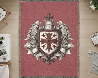 Heraldic Shield Blankets, Eagle Blankets, Medieval Crest Throw, Knights Templar Symbol Blankets, Family Crest Art, Fantasy Blankets Decor