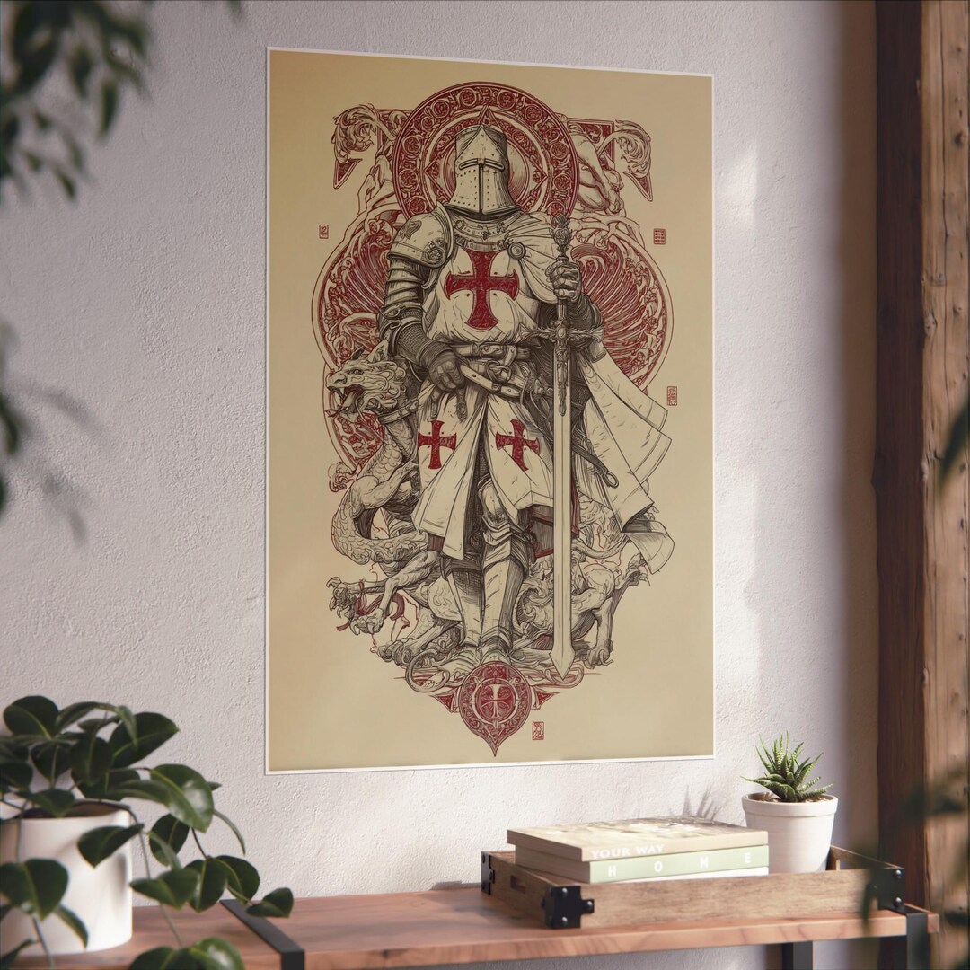 Knight Templar Poster, Medieval Crusader Art Print, Gothic Fantasy Wall ...