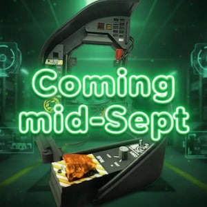 May include: A black cockpit control panel component featuring a small orange translucent lever, a silver knob, and yellow and black hazard warning stripes. The text "Coming mid-Sept" is overlaid in bright neon green glowing letters across the center.