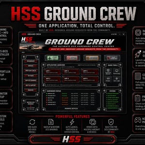 May include: A digital interface for HSS Ground Crew software, featuring a dark theme with red accents. The screen displays an application launcher, hardware status, and system tools for flight simulation hardware control, including text labels.