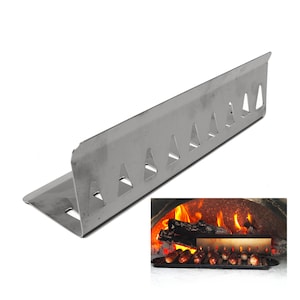 May include: A silver metal pizza oven rack with triangular cutouts. The rack is designed to hold sausages or other food items over a fire.