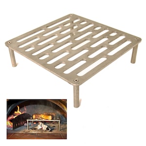 May include: A stainless steel pizza oven cooking rack with four legs and a grid pattern. The rack is shown in use inside a pizza oven with a pizza on top.