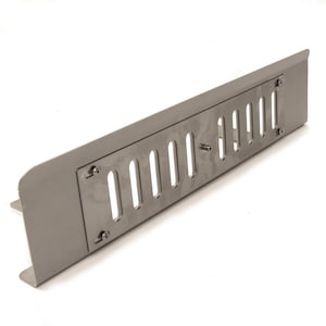 May include: A silver metal vent cover with a rectangular shape and a row of oval-shaped openings. The vent cover has two screws on the side.