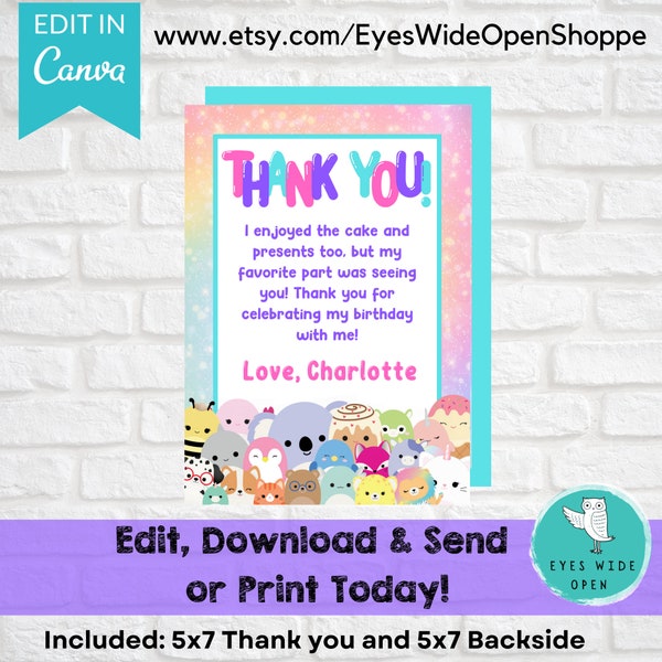 Squishy Coordinating Editable Birthday Thank You Card - Instant Download