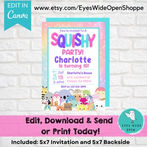 May include: A colorful invitation for a 10th birthday party with the theme "Squishy Party!" featuring a rainbow background and cute cartoon characters. The invitation includes the date, time, location, and RSVP information.