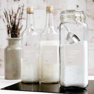 Minimalist labels for the laundry room, washing powder, fabric softener. Waterproof
