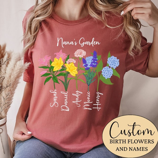 Birthflower Shirt, Nana's Garden with Custom Birth Flowers and Names, Gift for Mothersday, Mothersday Nana, Birthday Gift From Grandchildren