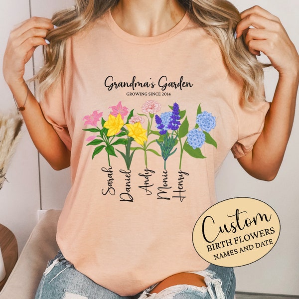 Grandma's Garden with Custom Birth Flowers and Names, Growing Since Custom Dates Shirt, Mothersday Nana and Birthday Gift From Grandchildren