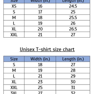 K&ouml;nnte beinhalten: Eine Tabelle mit der Breite und L&auml;nge in Zoll von T-Shirts f&uuml;r Damen und Unisex-Gr&ouml;&szlig;en.