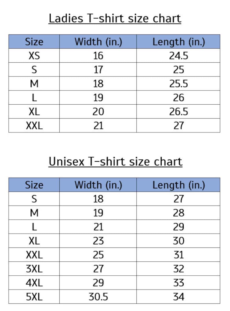 K&ouml;nnte beinhalten: Eine Tabelle mit der Breite und L&auml;nge in Zoll von T-Shirts f&uuml;r Damen und Unisex-Gr&ouml;&szlig;en.