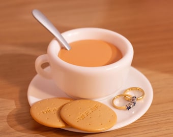 Tea Cup Trinket Box - Fake Food Jewelry Holder, Hidden Storage Jar with Lid, Cute Tea Lover Gift, Quirky Biscuit Desk Decor