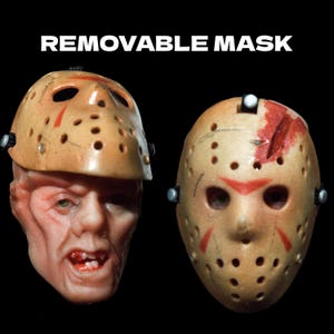 Puede incluir: Una máscara extraíble de color beige, con marcas rojas y agujeros, mostrada con y sin un rostro humano detallado. El texto "REMOVABLE MASK" se muestra arriba.