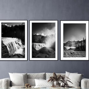 Set of 3, Black and White Landscape Photography Print, Download, Printable, Wapta Waterfalls, Yoho National Park, BC, Canadian Rockies