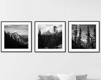 Set de 3, Square, Tirages photographiques de paysages en noir et blanc, Télécharger, Imprimable, Rock Mountains, Banff, Alberta, Décoration murale, Beaux-arts