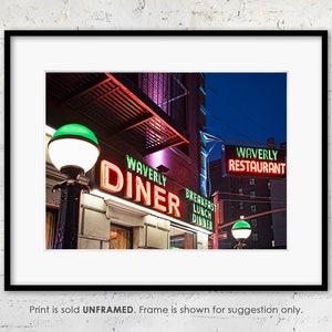 Stampa di insegne al neon di New York City, Waverly Diner, fotografia notturna al neon, foto di New York, stampa della vetrina del ristorante