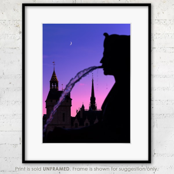 Paris Photo Print "Fontaine du Chatelet", Sphinx Sculpture and Fountain, France Travel Photography, Conciergerie & Sainte Chapelle, Night