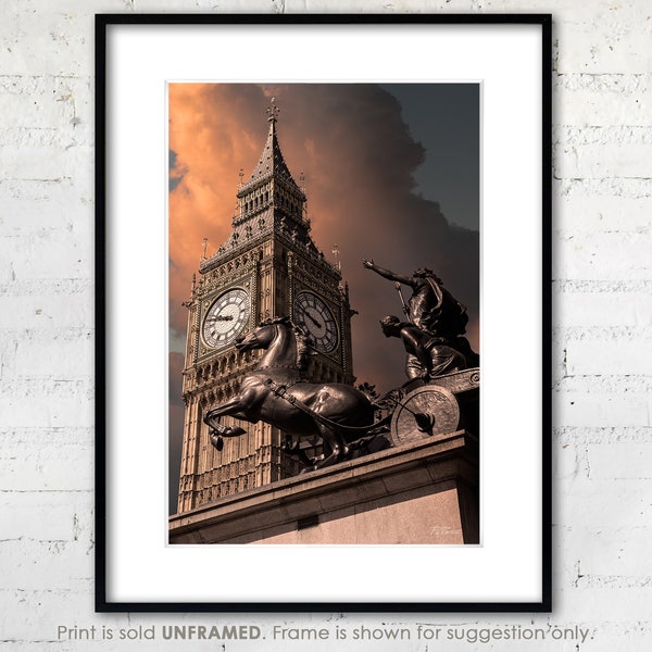 London "Boudica and Big Ben" Photo Print, Architectural Fine Art Photography, Iconic Landmarks of London, Sculpture and Clocktower