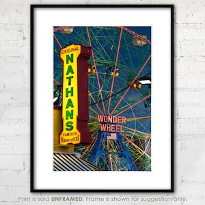 NYC Coney Island Print &quot;Nathans and the Wonder Wheel&quot;, New York City, Amusements on the Boardwalk, Fine Art Photography, Gallery Quality