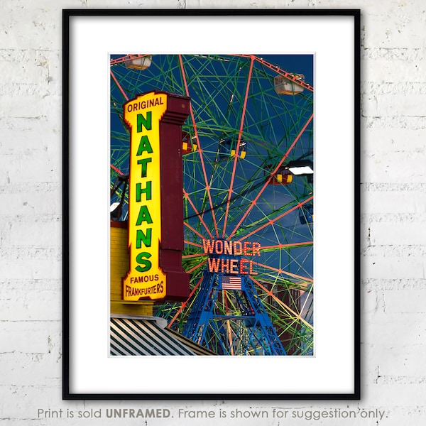 NYC Coney Island Print "Nathans and the Wonder Wheel", New York City, Amusements on the Boardwalk, Fine Art Photography, Gallery Quality