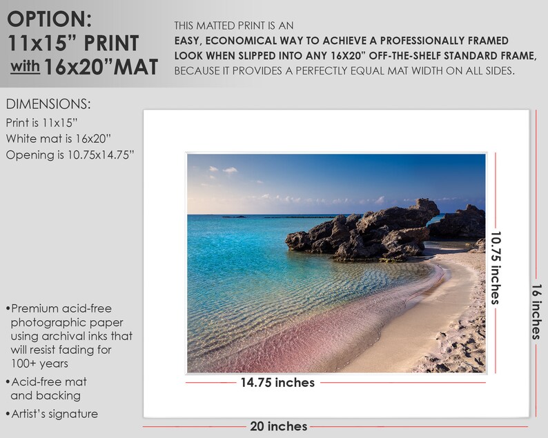 May include: A framed photograph of a beach scene with turquoise water, a rocky outcropping, and a sandy shore. The image is matted with a white mat and measures 16 inches by 20 inches. The opening for the print is 10.75 inches by 14.75 inches.