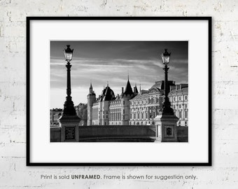 Paris Fine Art Print "Conciergerie Framed by Lamposts of the Pont Neuf", Black and White Architectural Photography of Paris