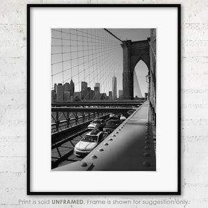 NYC &quot;Crossing Brooklyn Bridge&quot; Fine Art Photography Print, Black & White New York Photograph, Bridge with Manhattan Skyline and Taxi