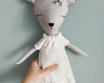 sewn forest animal, stuffed cuddly toy, gray deer, soft sweet stuffed doll, nature, clothes for an art doll