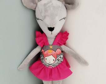 sewn forest animal, stuffed cuddly toy, gray mouse, soft sweet stuffed doll, nature, clothes for an art doll