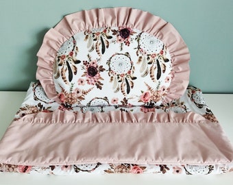 baby bedding, quilt with ruffles, blanket, swaddle, pillow with ruffles, dream catchers