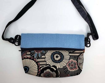 Japanese Fabric, Japanese Flower, Blue Flower, Colorblock Crossbody, Canvas Crossbody, Crossbody Bag, Zip Top, Foldover Crossbody