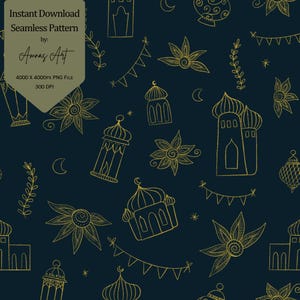 Può includere: Motivo senza cuciture blu scuro con illustrazioni dorate di lanterne, moschee, fiori e lune crescenti. Il motivo include il testo "Instant Download Seamless Pattern by: Amnas Art". Il file è 4000 x 4000px PNG a 300 DPI.